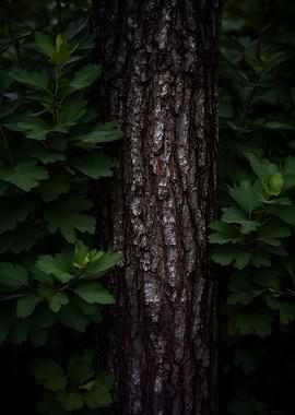 Close-up of Tree Bark and Leaves
