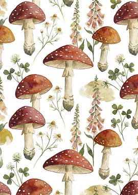 Watercolor Mushroom and Foxglove Pattern