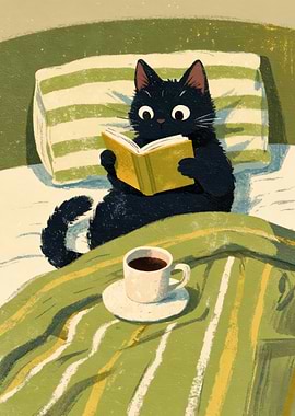Black cat reading a book with coffee