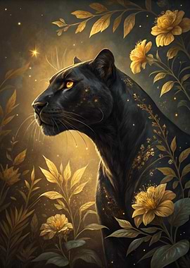 Black Panther with Golden Flowers