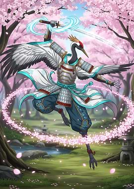 Samurai Crane Warrior in Cherry Blossom Forest