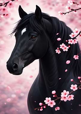 Black Horse with Cherry Blossoms
