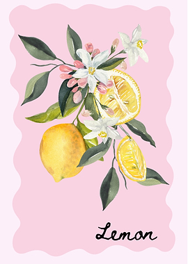 Watercolor Lemon Branch with Flowers