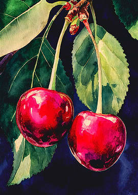 Vibrant Cherries Botanical Watercolor Art