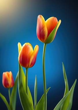 Three Vibrant Tulips on Blue Background