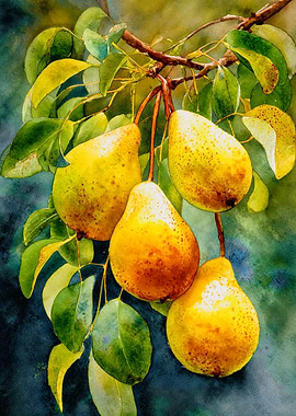 Vibrant Golden Pears Botanical Watercolor Art
