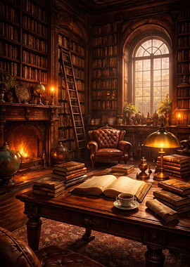Cozy Library with Fireplace and Books