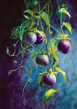 Vibrant Purple Passion Fruit Botanical Art