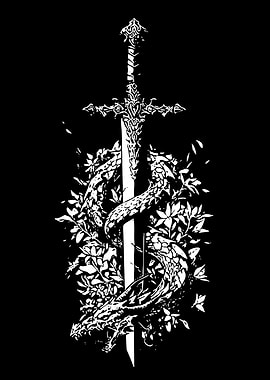 Sword Wrapped in Snake and Flowers