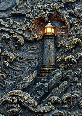 Golden Lighthouse Swirling Waves Relief