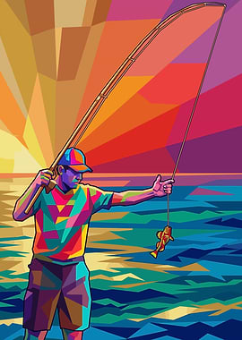 Fisherman with a catch at sunset