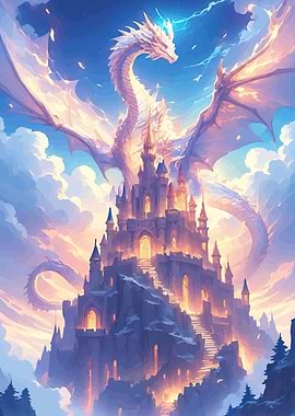 Dragon Over Fantasy Castle