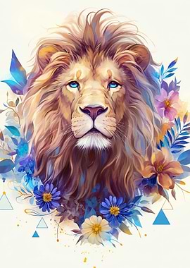 Majestic Lion with Blue Eyes and Flowers