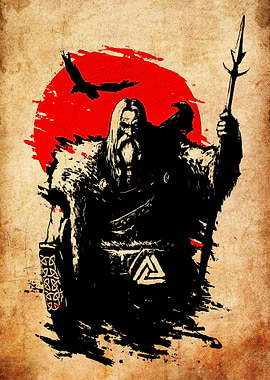 Viking Warrior with Ravens and Sun