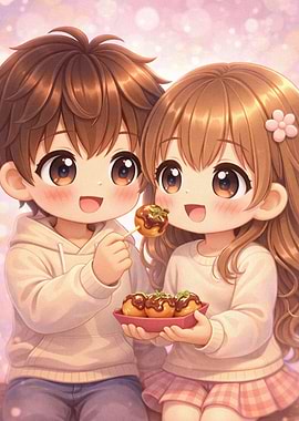 Cute Anime Couple Sharing Food