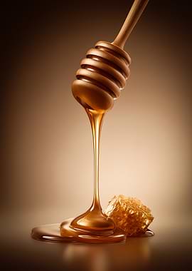 Honey dripping from a dipper onto honeycomb