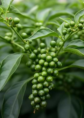 Green Coffee Berries on Branch