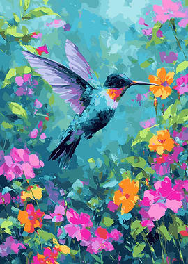 Hummingbird in Floral Garden