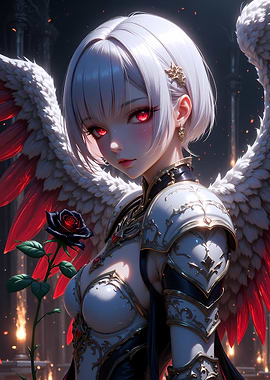 Anime Angel with Red Eyes and Black Rose