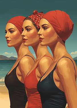 Three women in swimsuits and headscarves