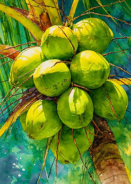 Vibrant Green Coconuts Botanical Watercolor Art