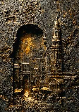 Golden Medieval City Stone Relief