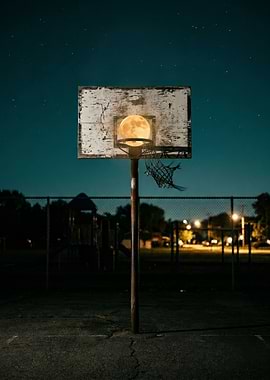 Moon in Basketball Hoop at Night
