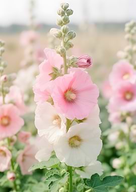 Pink and White Hollyhocks in Bloom