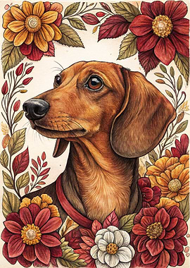 Dachshund Portrait with Floral Border