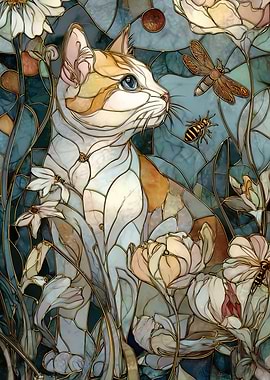 Stained Glass Cat with Flowers and Insects