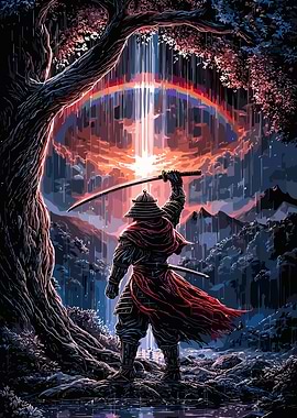 Samurai Under Rainbow Waterfall