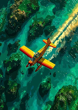 Yellow Biplane Flying Over Green Water