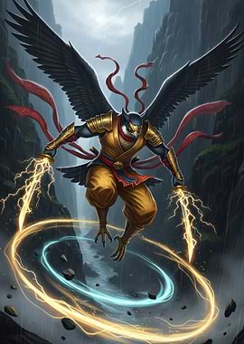 Mythical Bird Warrior with Lightning Swords