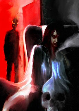 Demonic Figure and Woman with Skull