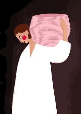 Woman carrying a large pink basket