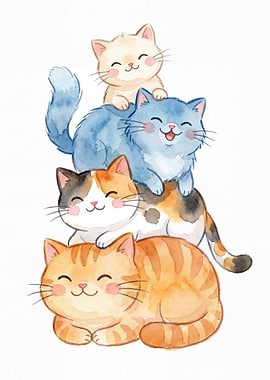 Stack of Cute Watercolor Cats