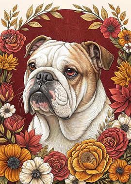 English Bulldog Portrait with Floral Wreath