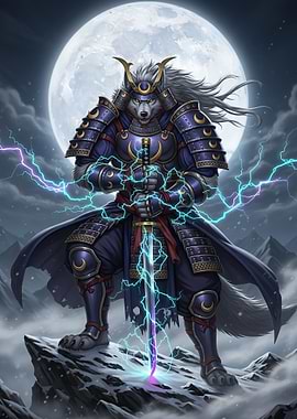 Wolf Samurai Warrior Under Full Moon