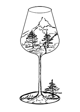 Wine glass with mountain landscape