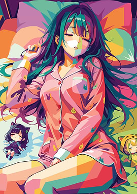 Anime Girl Sleeping with Plush Toys