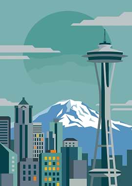 Seattle Skyline with Space Needle and Mountain
