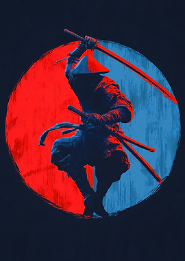 Ninja with Swords in Red and Blue Circle