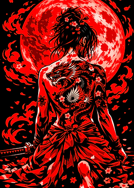 Samurai with Dragon Tattoo Under Red Moon