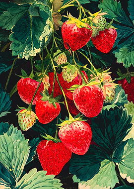 Lush Ripe Strawberries Botanical Illustration