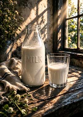 Milk Bottle and Glass by Window