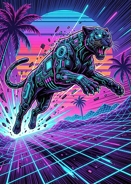 Cyberpunk Panther in Neon Grid Landscape