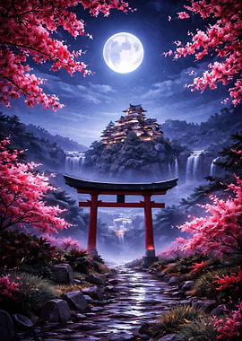Enchanted Japanese Torii Gate at Night