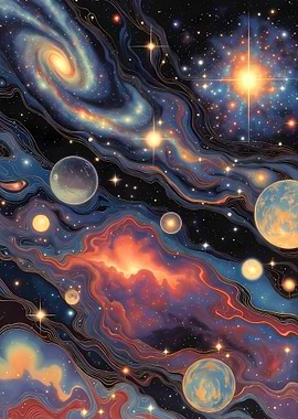 Cosmic Nebula with Planets and Galaxies