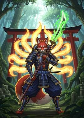 Samurai Fox Warrior with Fiery Tails