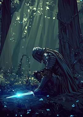 Knight Kneeling in Enchanted Forest